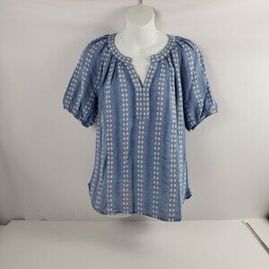 Loft XXS Blue White Embroidery Cotton Women Spring Blouse Top Short Sleeve